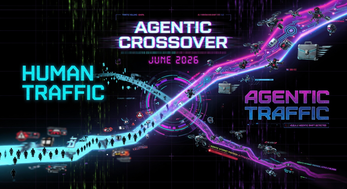 Neon cyberpunk robotic agentic crossover graph hero: intense glowing magenta, cyan and purple lines crossing on dark background with HUD labels HUMAN TRAFFIC fading vs dominant AGENTIC TRAFFIC surging with robotic circuits and agent icons, bold neon text at the flip point JUNE 2026 AGENTIC CROSSOVER. High contrast cinematic data visualization as the story cover.