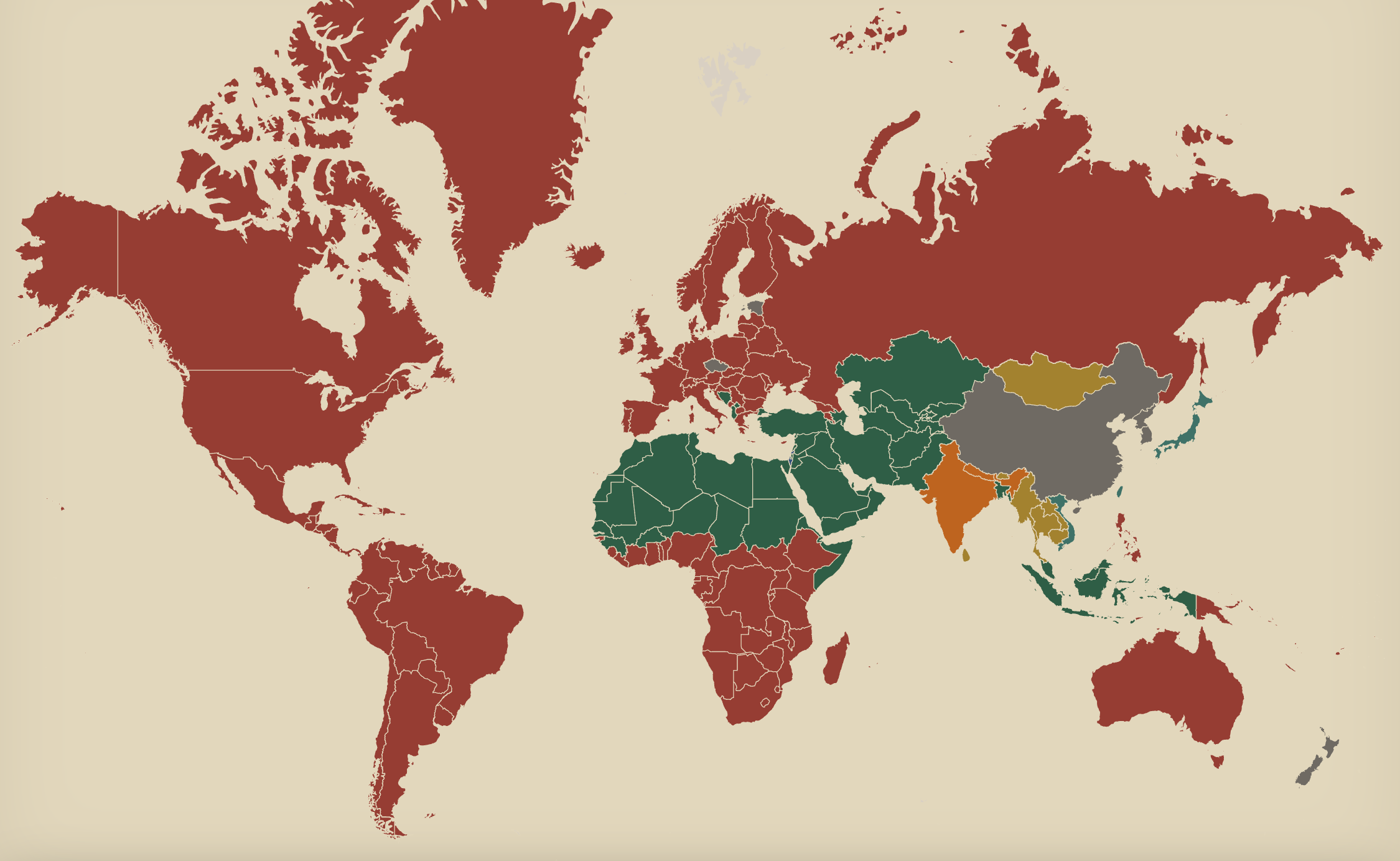 Atlas Fidei — a world map colored by dominant religion, cartographic study aesthetic.