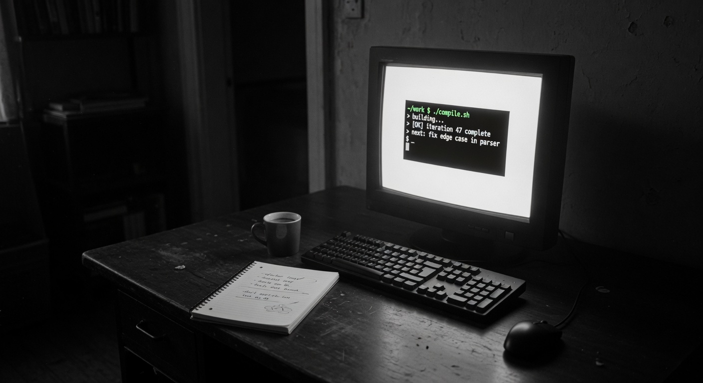 Dark minimalist desk with only a terminal screen providing light