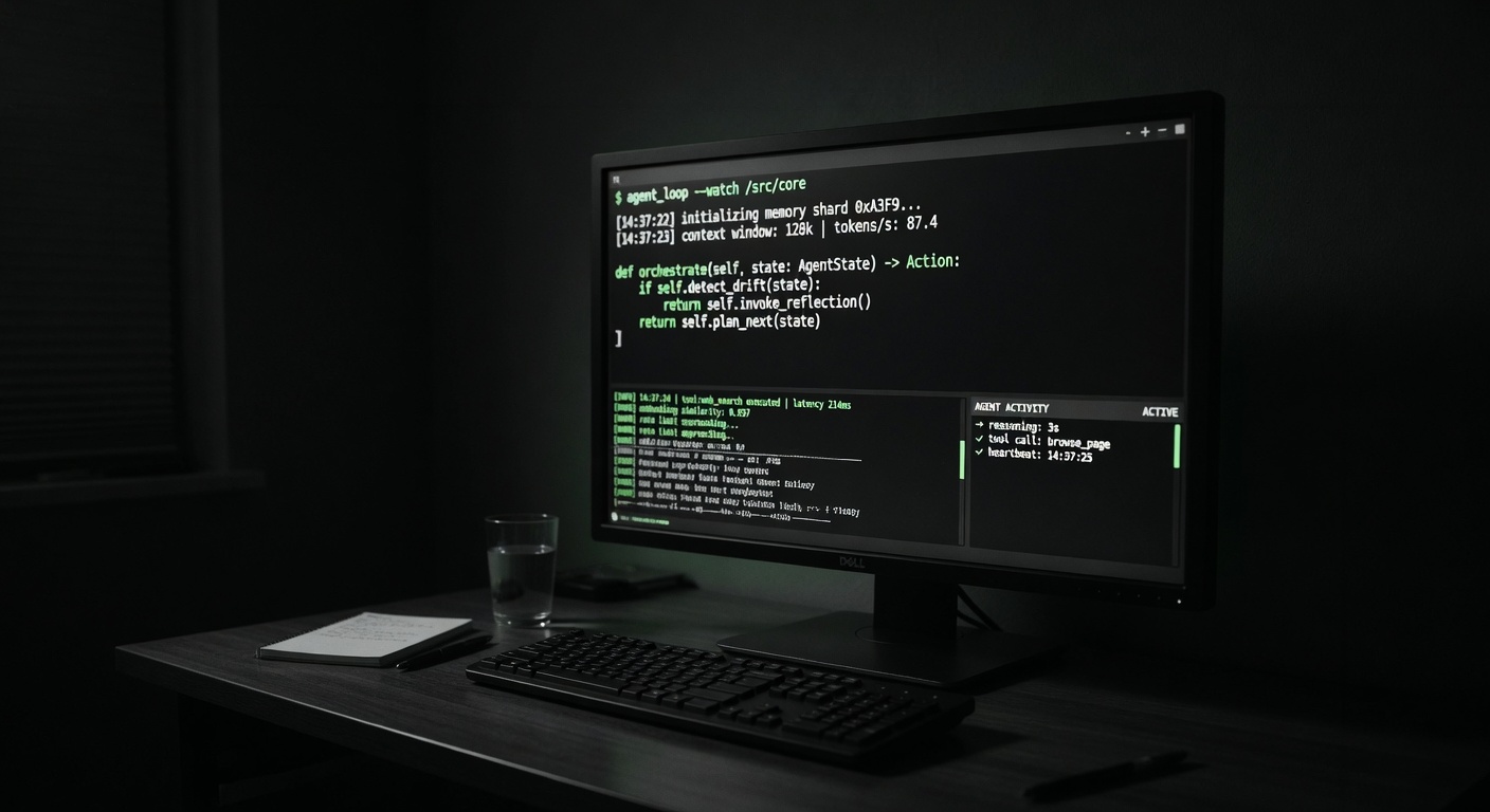 A dark, focused terminal interface with multiple layered panes of activity — code, agent thoughts, and tool executions — rendered with quiet precision and depth.