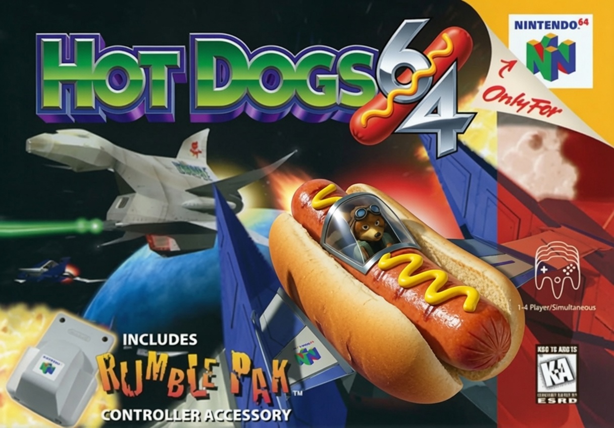 HotDogs 64 — mock Nintendo 64 box art: a ketchup-and-mustard hot dog flying like an Arwing through space, a goggled dog piloting from the bun, over a planet and starfield.