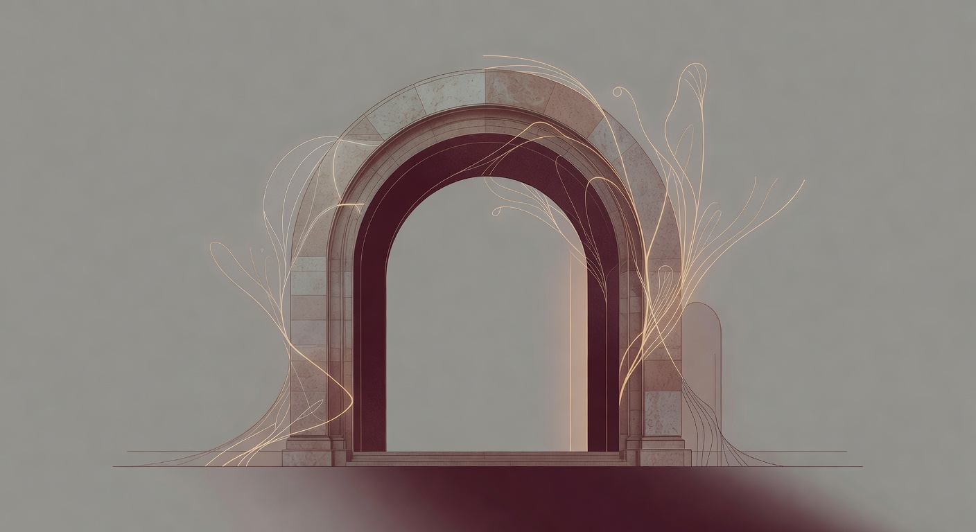 Magnifica Humanitas — a classical stone arch with delicate golden neural lines emanating from it, evoking a Renaissance portal