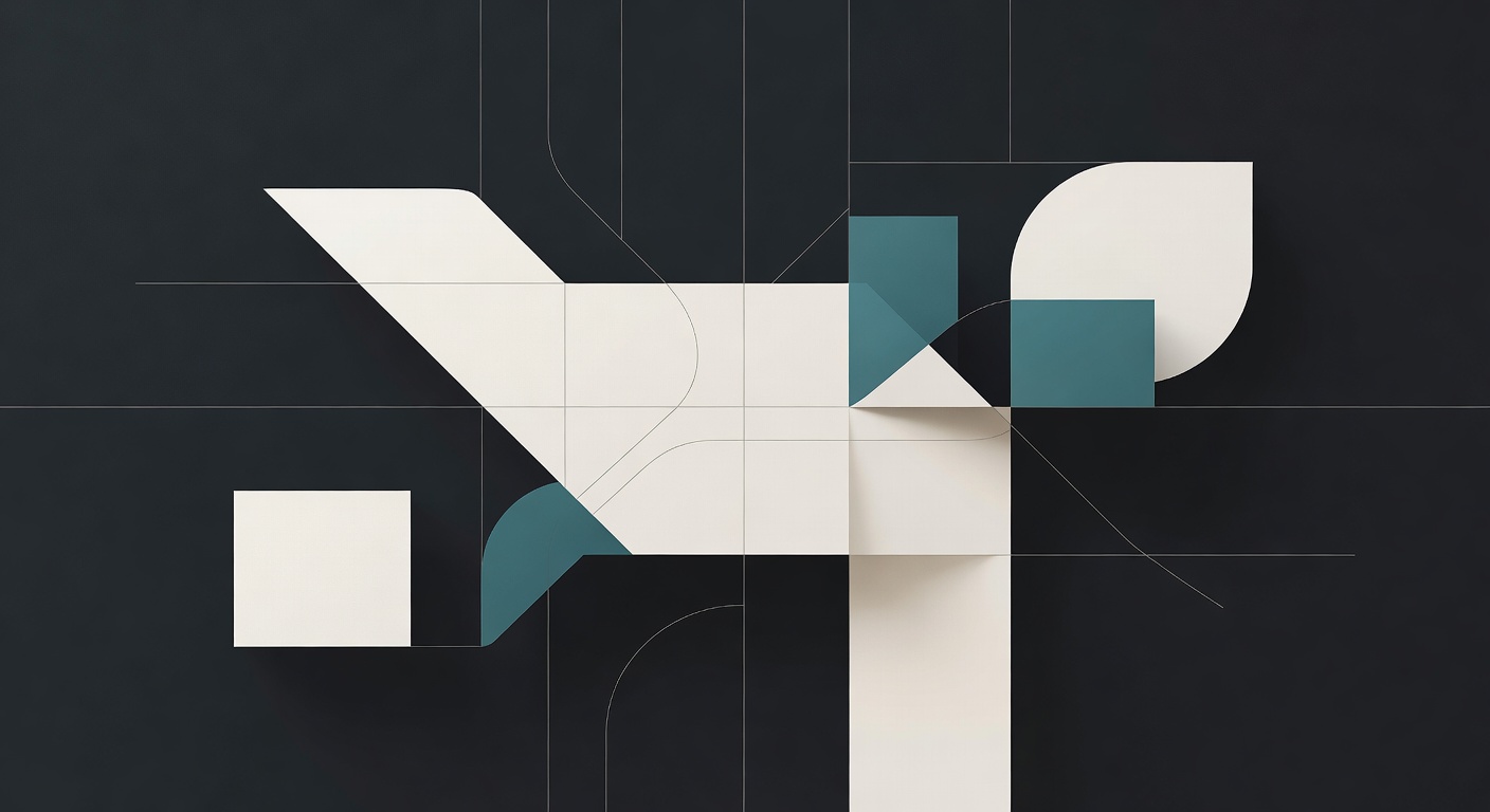 A dark geometric abstract composition — navy ground, cream planes intersecting at angles, teal accent blocks — suggesting information architecture and signal patterns.