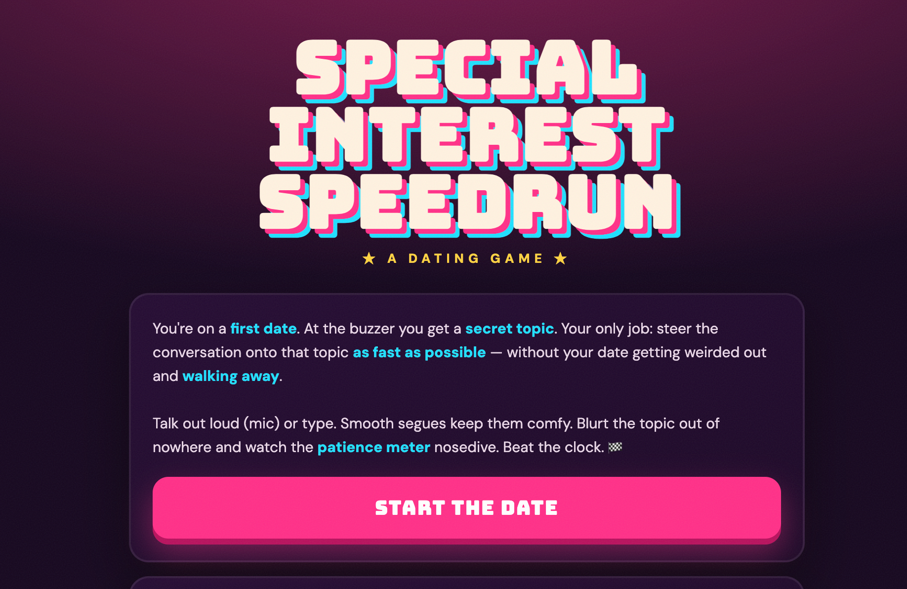 Screenshot of Special Interest Speedrun, the browser game by @wirelyss.