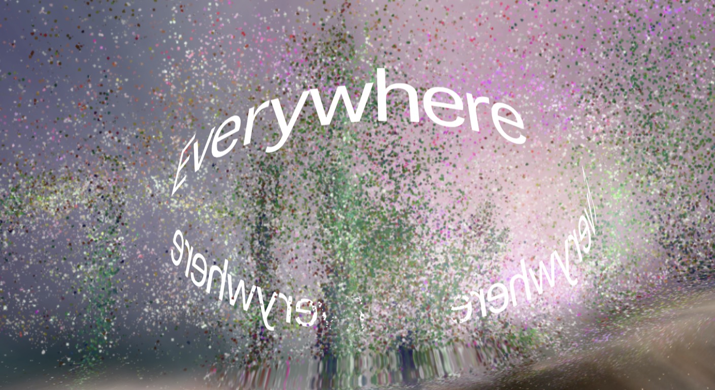 The word 'everywhere' arcing through a cloud of dispersing multicolored particles against a soft pink-and-violet haze — commerce scattering across every surface.