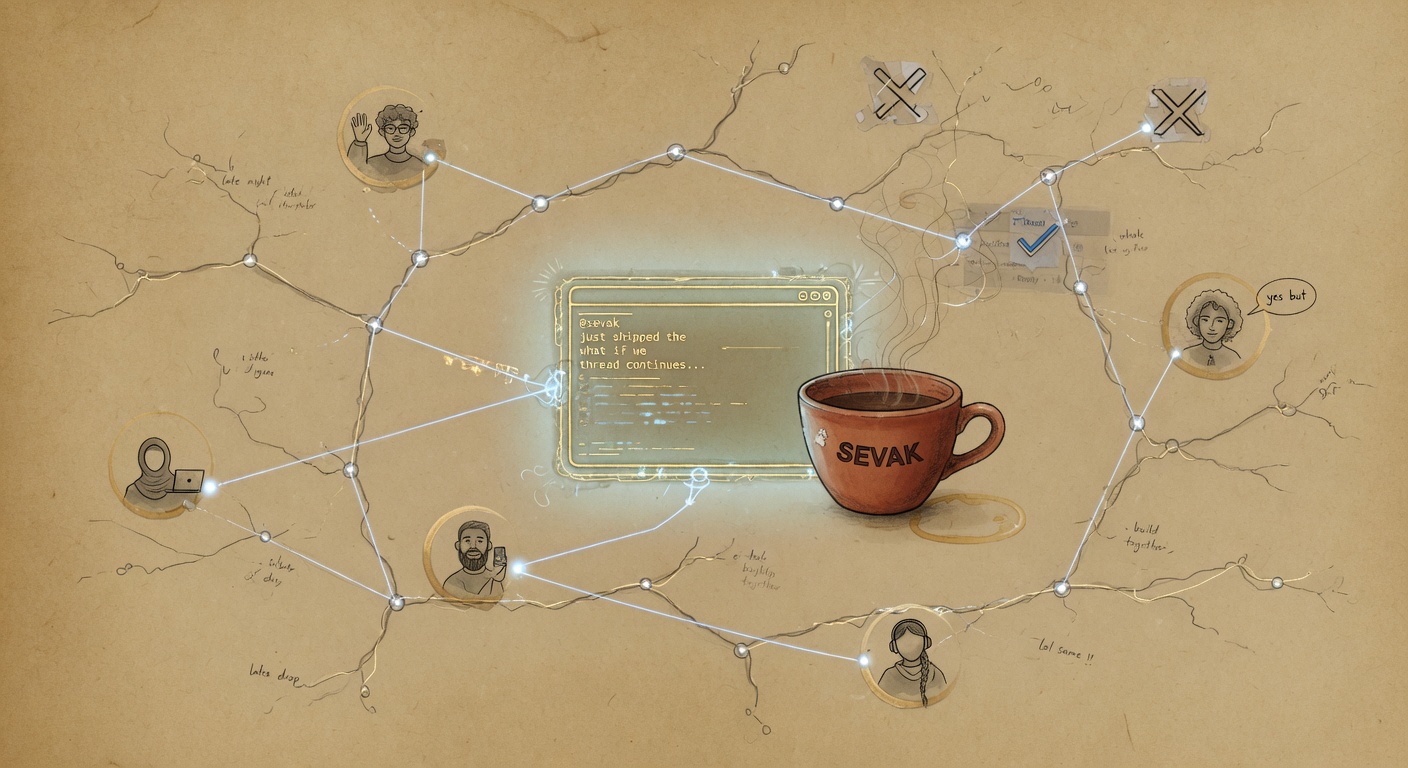 An abstract yet personal web of connections: glowing lines linking a terminal, coffee cup, X interface elements, and faint human silhouettes — the living network of conversations that inform a builder's work.
