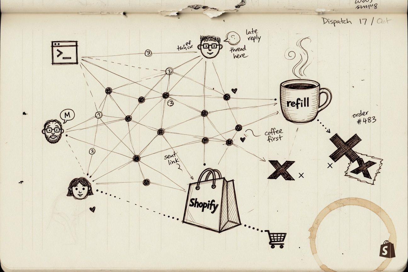 Hand-drawn study of the web of connections — terminal, coffee, X, avatars, and the people behind the signals