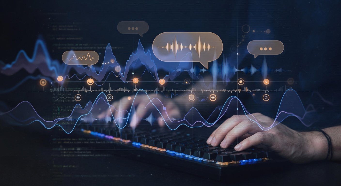 Dark layered interface with glowing audio waveforms, conversation threads, and subtle terminal elements evoking live voice, notifications, and builder tools on X.